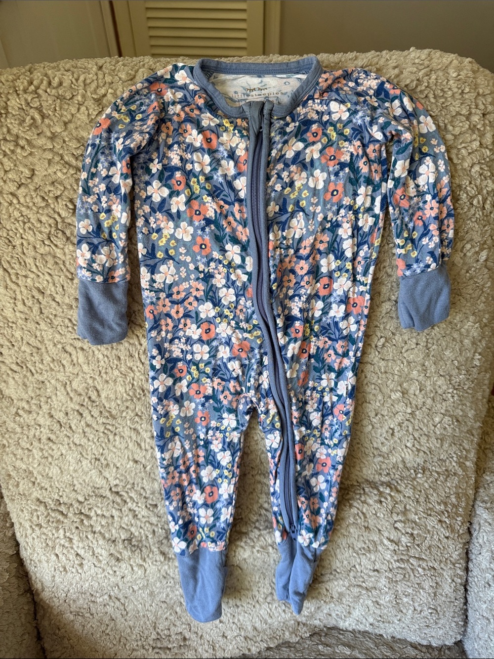 Little Sleepies Blue Floral Zip-Up Footie with Peach Accents